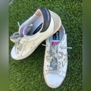 Golden Goose White Leather Sneakers with Silver Laces and Black Heel Tab
